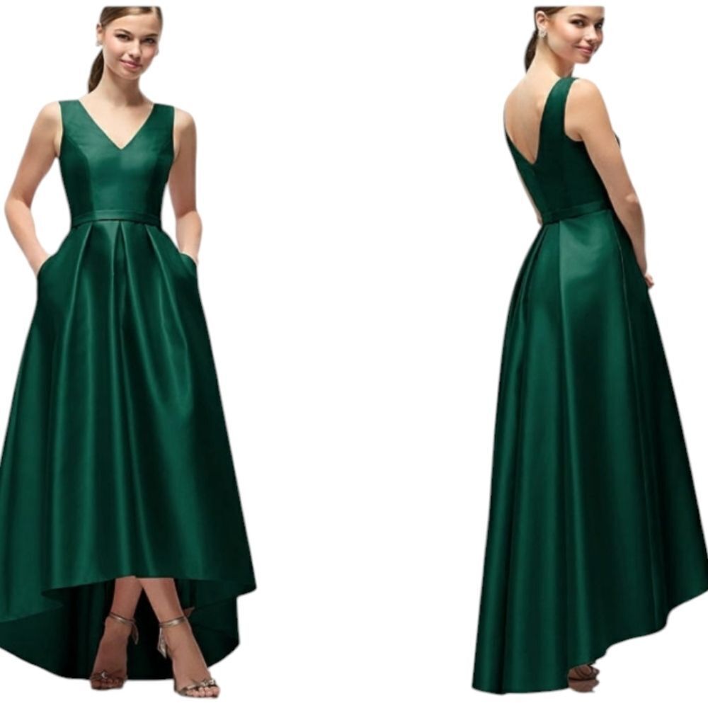 NWT Alfred Sung High-Low Gown sleeveless vneck satin twill dress Hunter Green 14